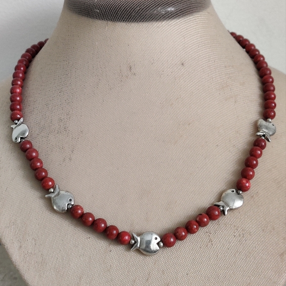 Handmade Genuine Red Corals and Silver Fish Beads Necklace OOAK - Picture 4 of 16